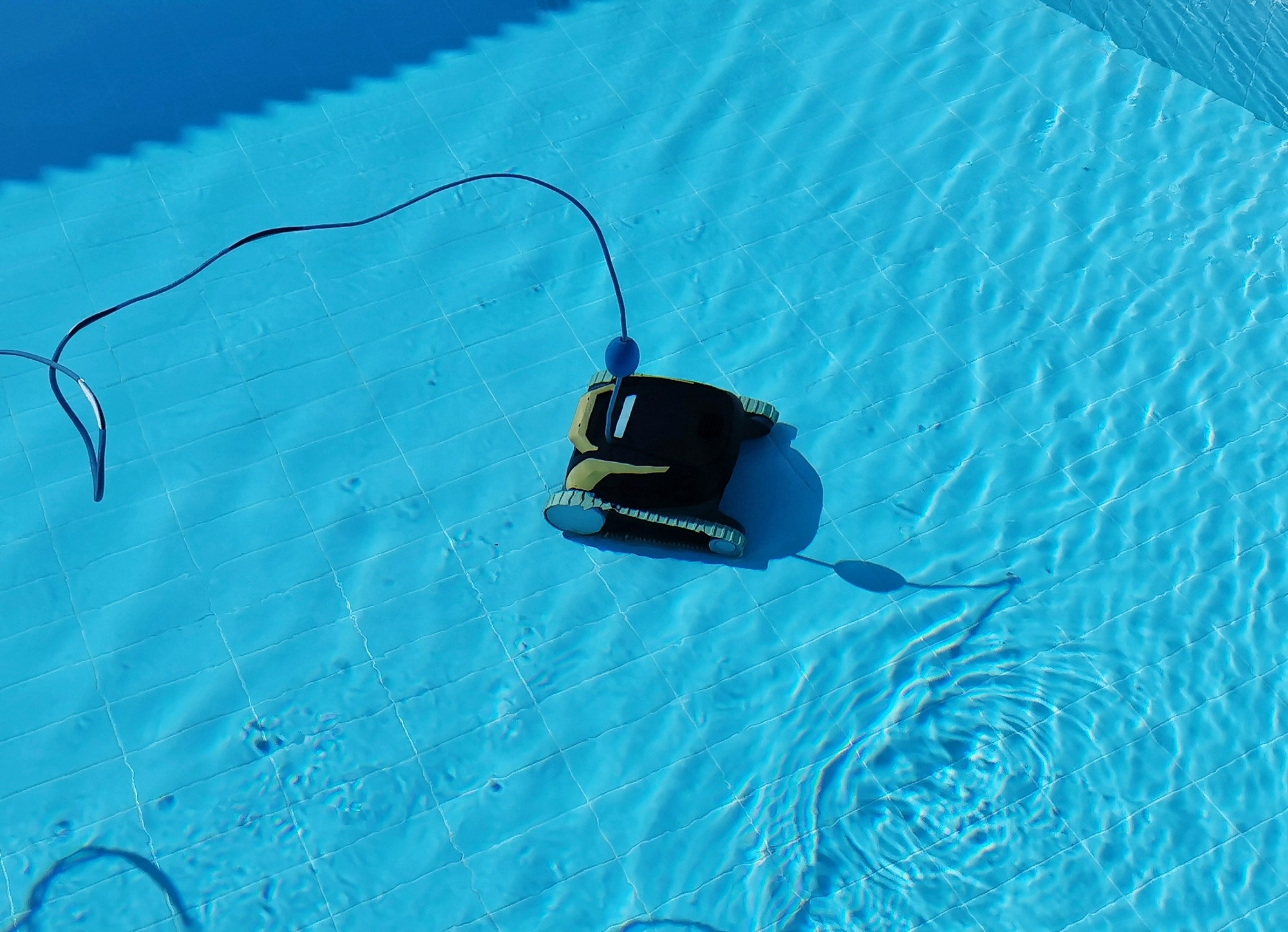 Robotic pool cleaner, underwater, blue.